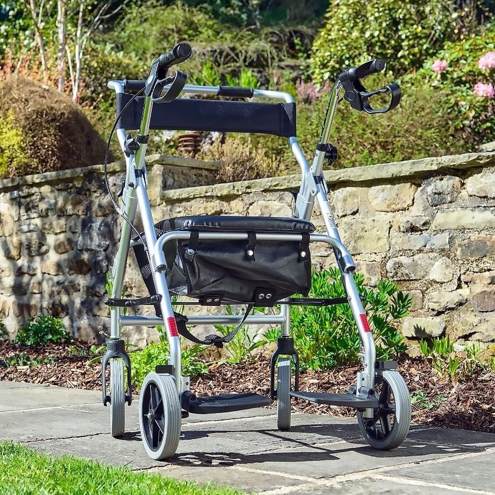 2 in 1 Rollator Walker Transit Chair Folding Height Adjustable Seat Wheels - Kwikley