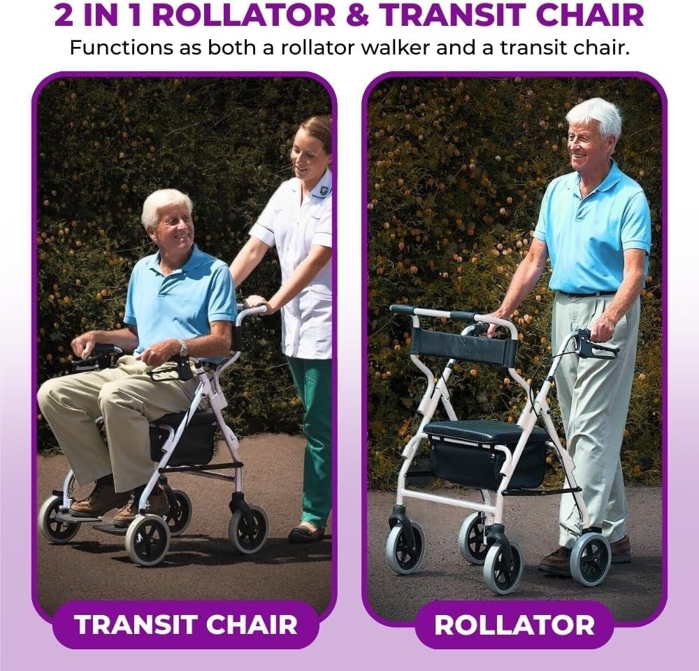 2 in 1 Rollator Walker Transit Chair Folding Height Adjustable Seat Wheels - Kwikley