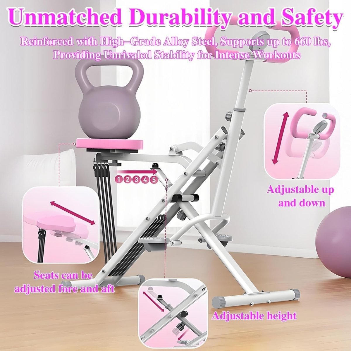 2-in-1 Squat Rowing Machine Adjustable Bands Foldable Core Glute Leg Trainer - Kwikley