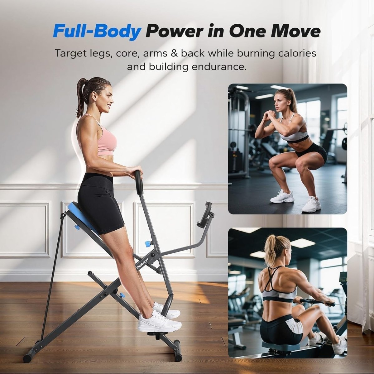 2-in-1 Squat Rowing Machine Foldable Glute Trainer Adjustable Resistance - Kwikley