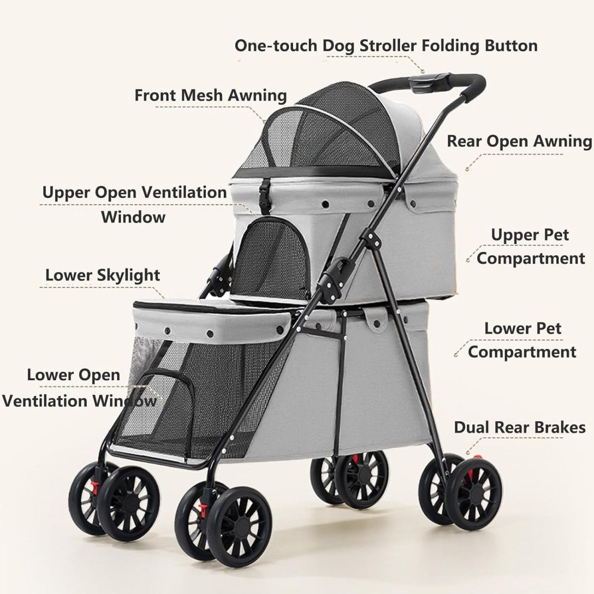 2 Layer Dog Stroller Pet Buggy Foldable Pushchair for Cats 24kg - Kwikley