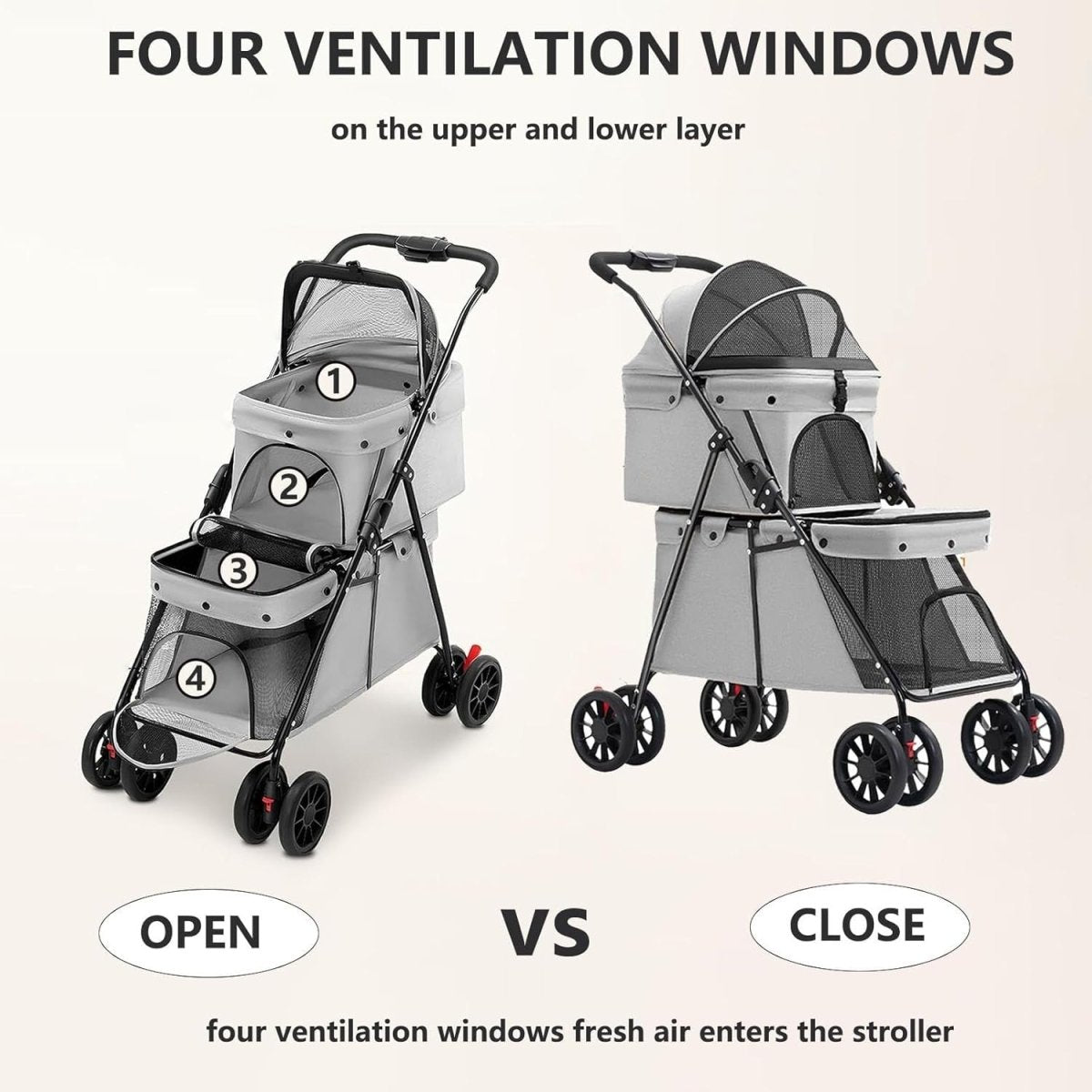 2 Layer Dog Stroller Pet Buggy Foldable Pushchair for Cats 24kg - Kwikley