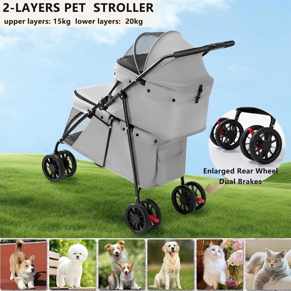 2 Layer Dog Stroller Pet Buggy Foldable Pushchair for Cats 24kg - Kwikley