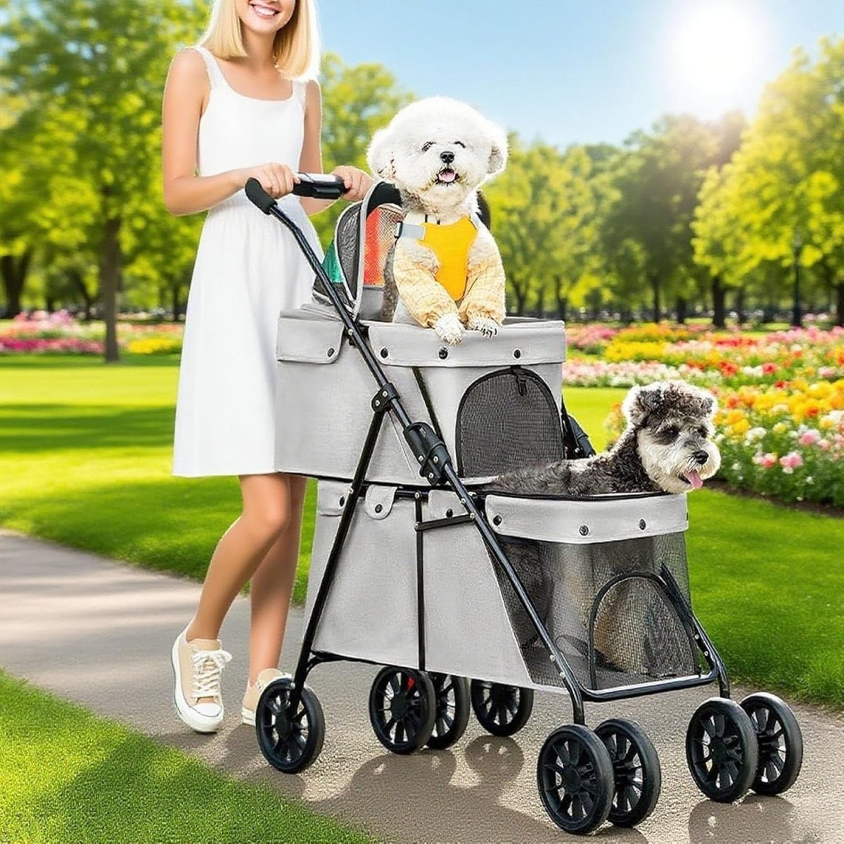 2 Layer Dog Stroller Pet Buggy Foldable Pushchair for Cats 24kg - Kwikley