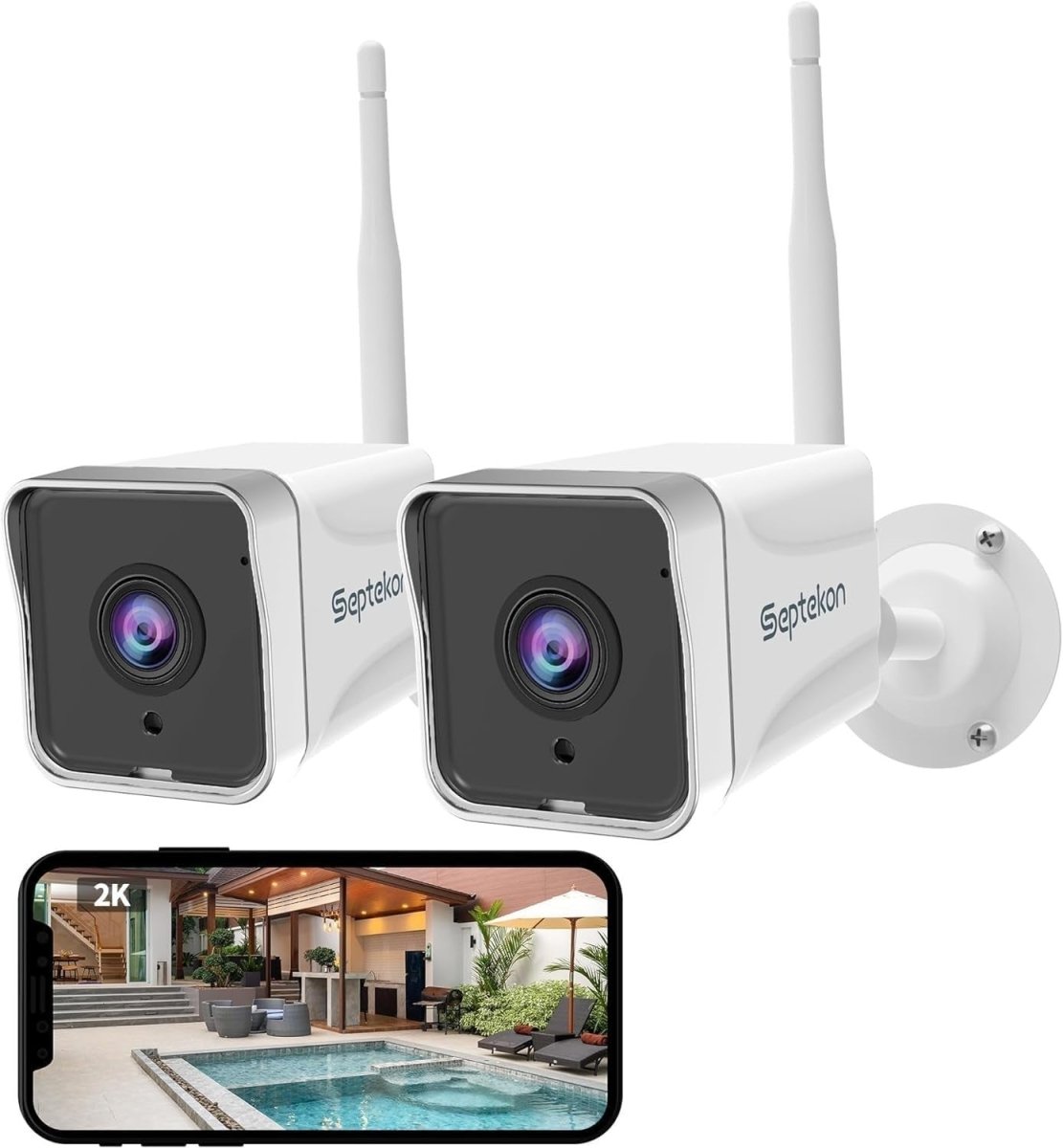 2 Pack 2K Outdoor Security Camera WiFi CCTV Night Vision Alexa - Kwikley