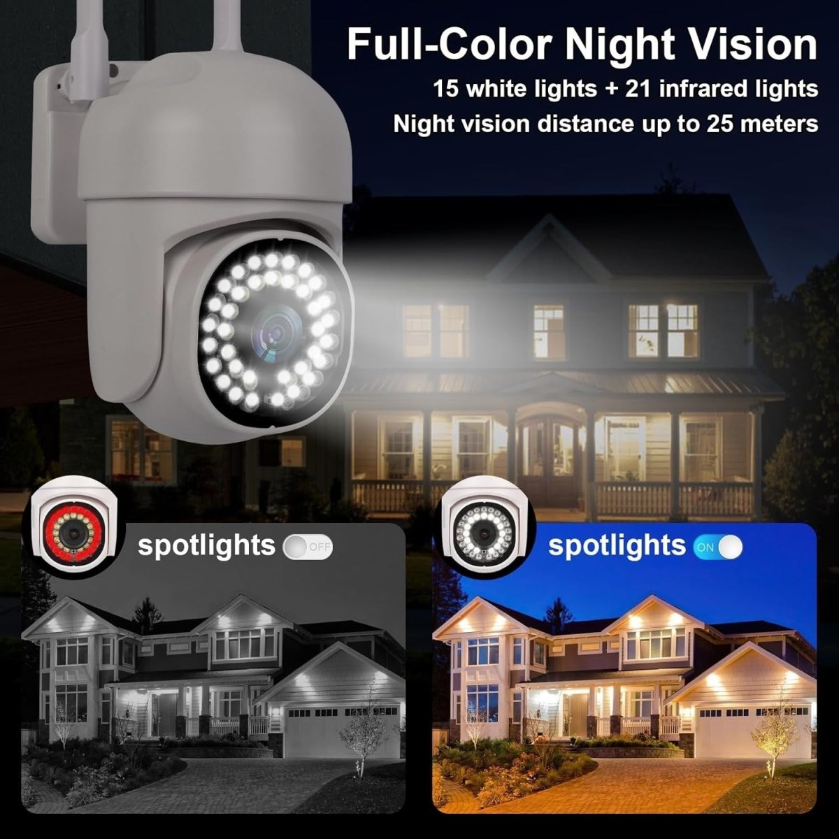 2 Pack 2K Outdoor Security Cameras 360° PTZ Color Night Vision WiFi - Kwikley