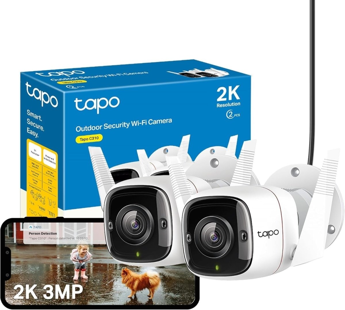 2 Pack 2K Outdoor Security Cameras Wired AI Detection Night Vision - Kwikley