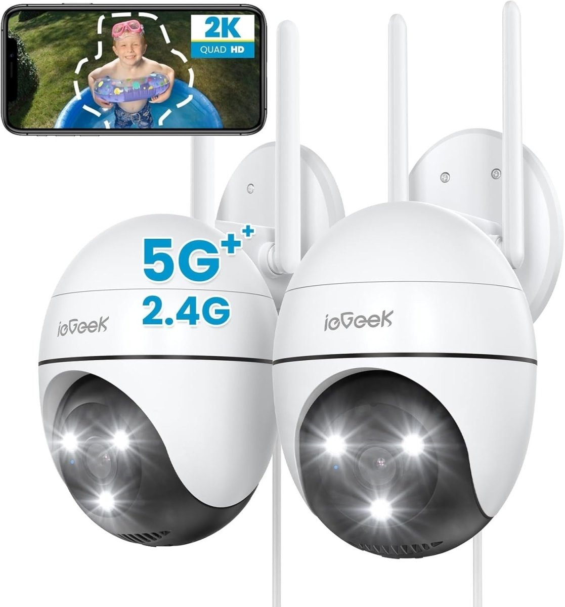 2 Pack 2K PTZ Security Cameras Outdoor WiFi 360° Color Night Vision - Kwikley