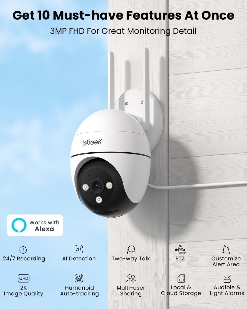 2 Pack 2K PTZ Security Cameras Outdoor WiFi 360° Color Night Vision - Kwikley