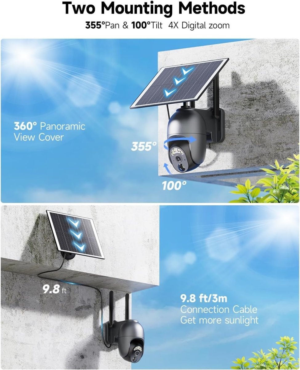 2 Pack 4G LTE Solar Security Cameras 2K PTZ CCTV No WiFi - Kwikley