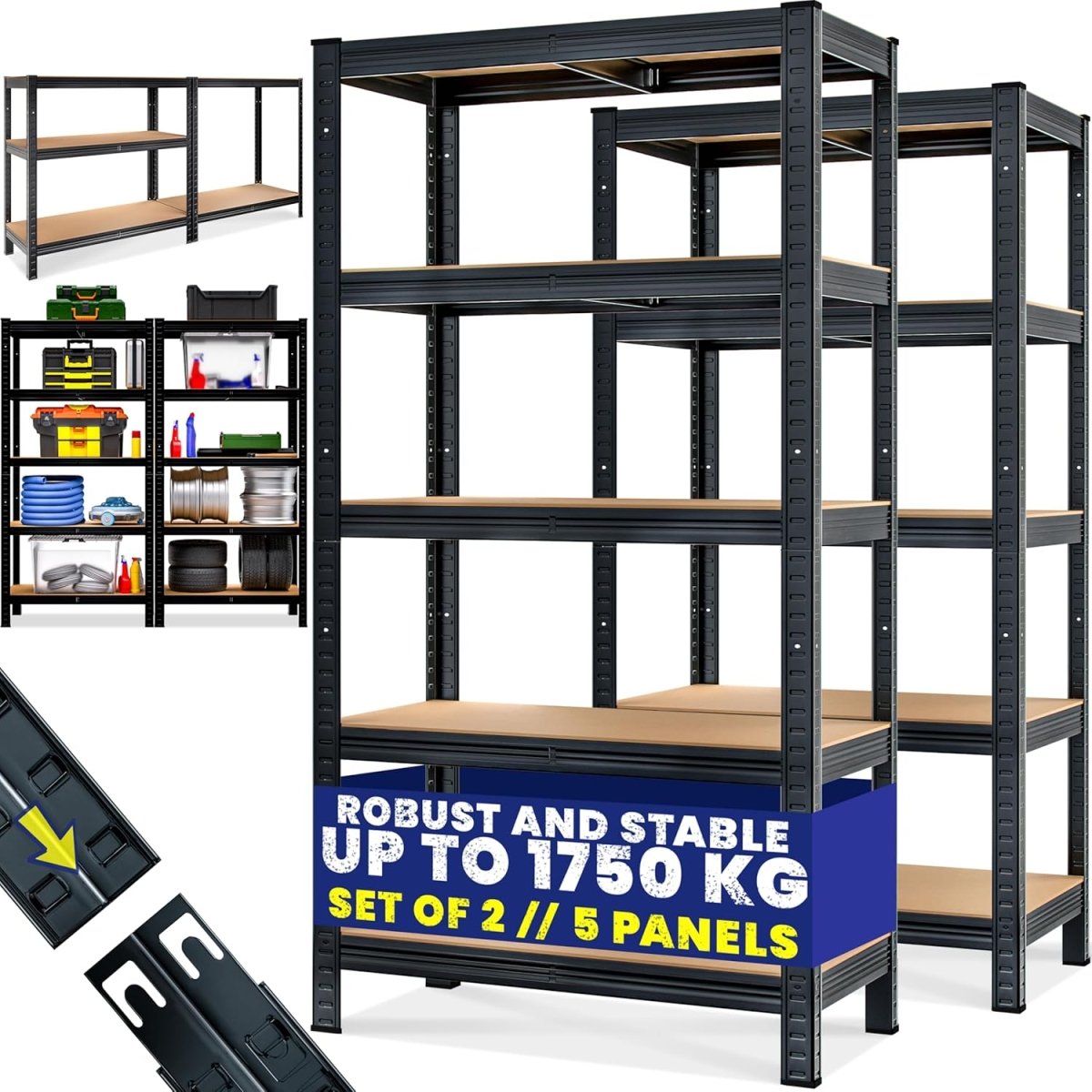 2 Pack 5 Tier Garage Shelving Unit 180x90x40cm Heavy Duty Black - Kwikley