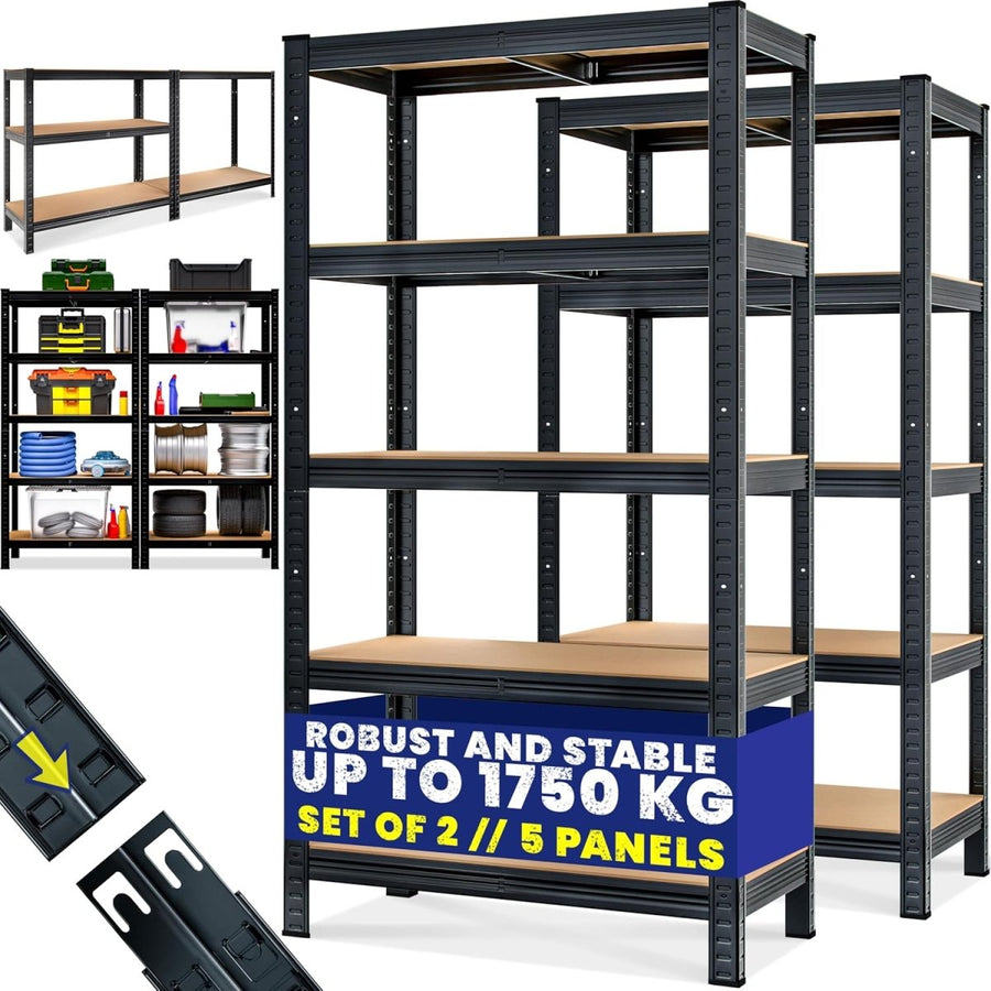 2 Pack 5 Tier Garage Shelving Unit 180x90x40cm Heavy Duty Black - Kwikley