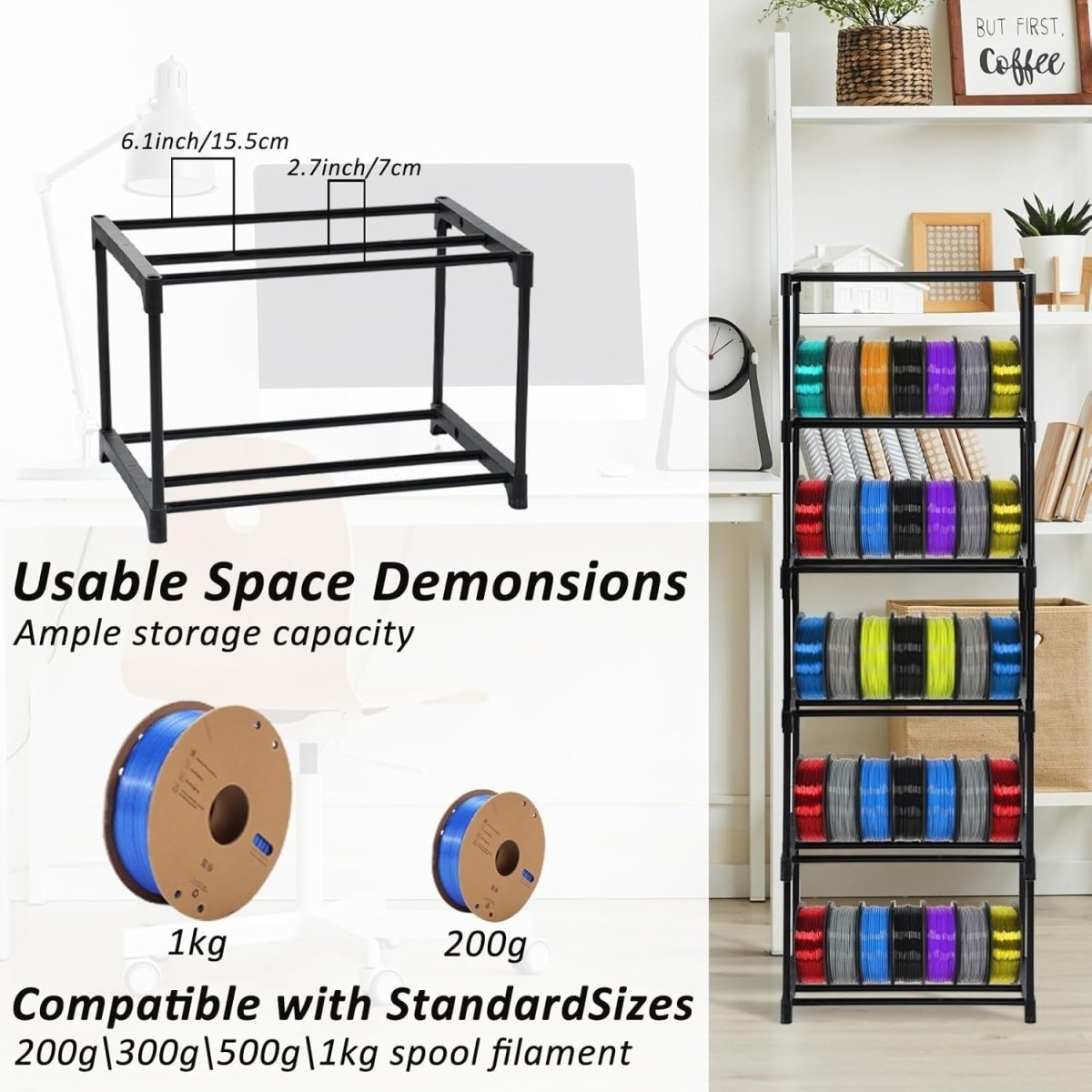 2 - Pack 6 - Tier Metal Filament Storage Rack Heavy Duty 3D Printer Spool Organizer - Kwikley