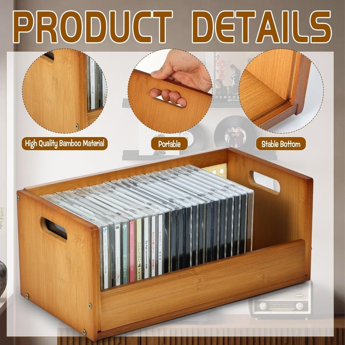 2 Pack Bamboo CD Storage Box Stackable DVD Media Organizer Rack Brown - Kwikley
