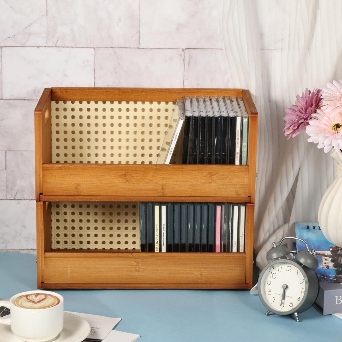 2 Pack Bamboo CD Storage Box Stackable DVD Media Organizer Rack Brown - Kwikley