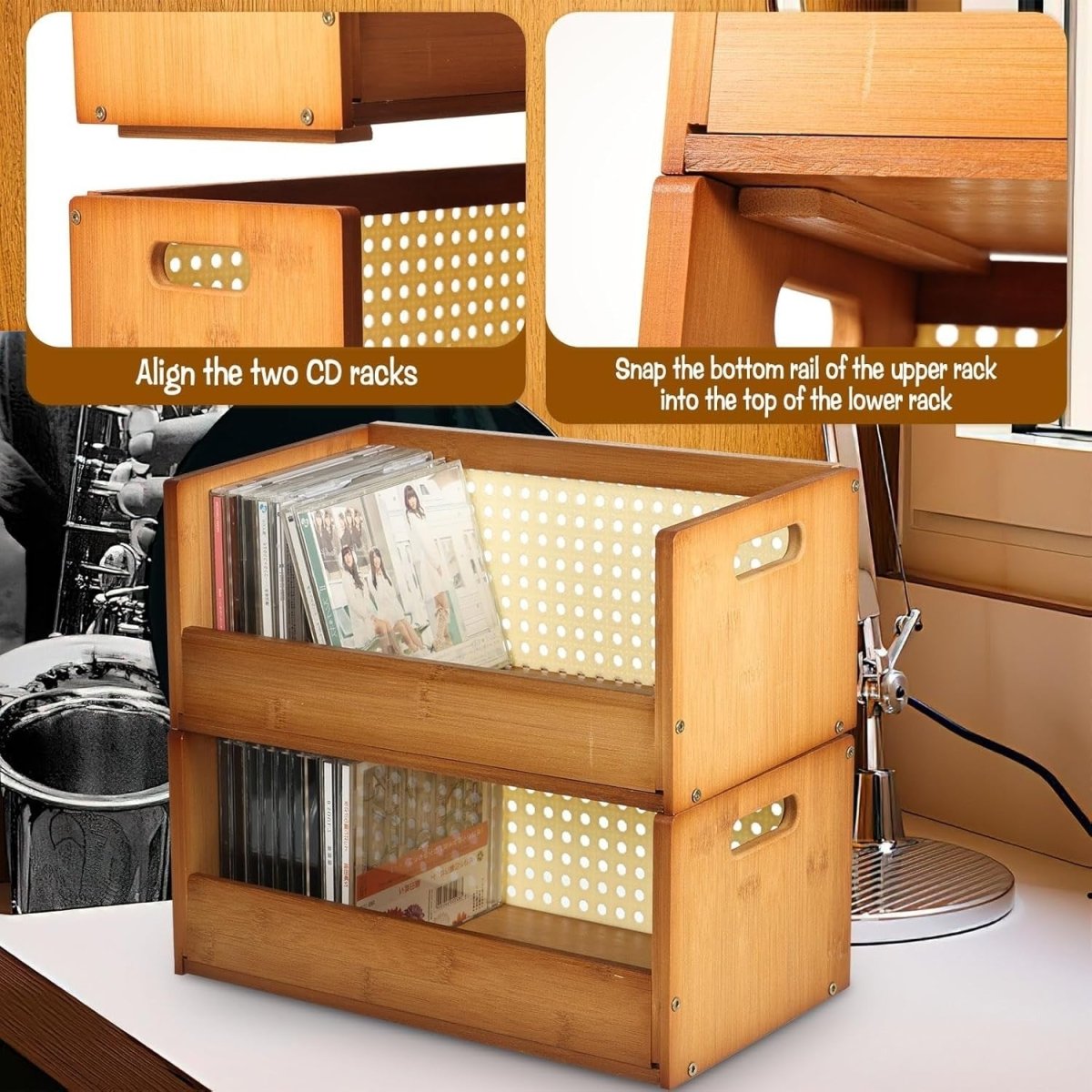 2 Pack Bamboo CD Storage Box Stackable DVD Media Organizer Rack Brown - Kwikley