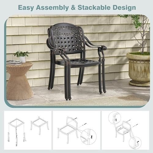 2 Pack Cast Aluminum Garden Chairs Stackable Patio Armchairs Bronze - Kwikley