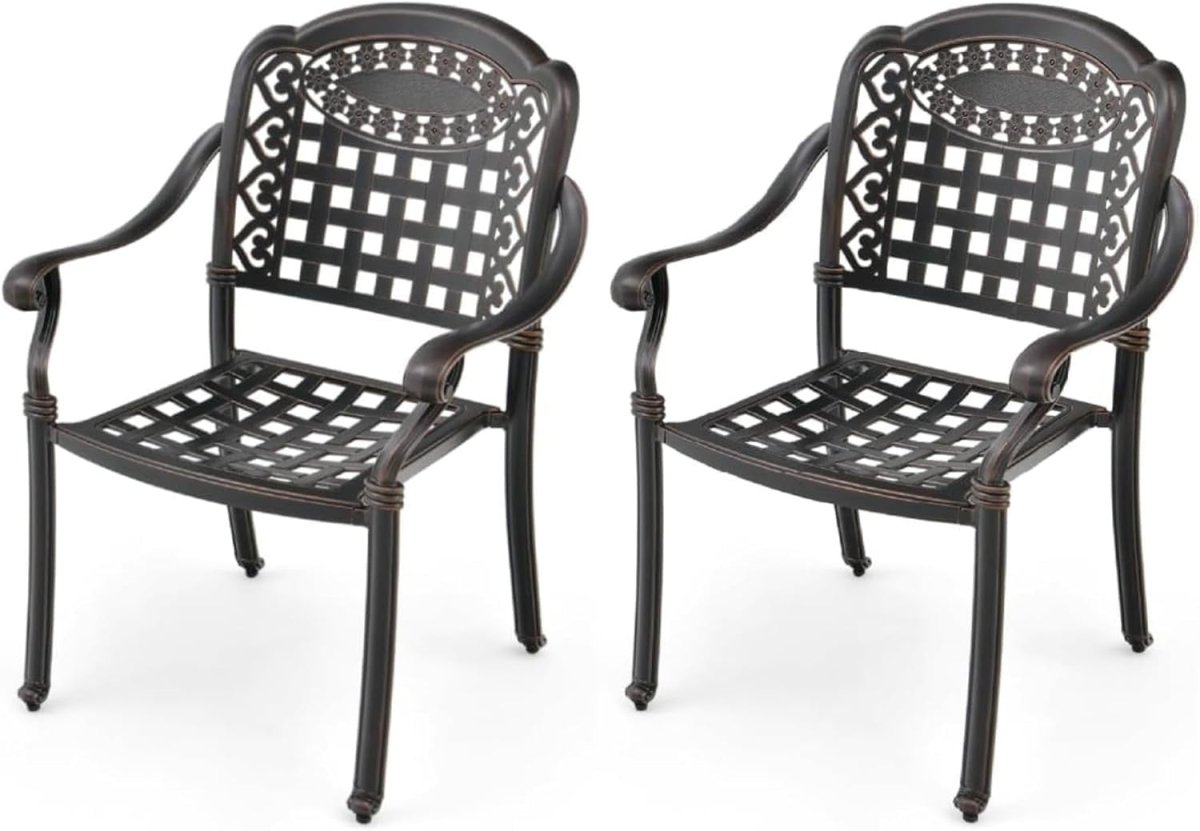 2 Pack Cast Aluminum Garden Chairs Stackable Patio Armchairs Bronze - Kwikley