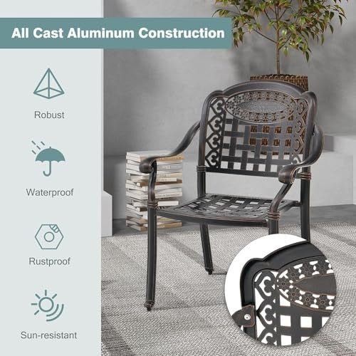 2 Pack Cast Aluminum Garden Chairs Stackable Patio Armchairs Bronze - Kwikley