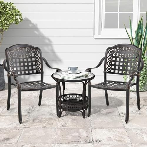 2 Pack Cast Aluminum Garden Chairs Stackable Patio Armchairs Bronze - Kwikley