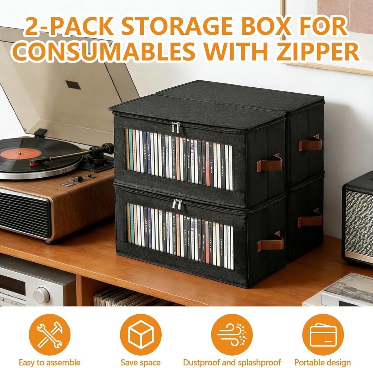 2 Pack DVD Storage Boxes with Zipper Lid Stackable Holds 100 DVDs - Kwikley