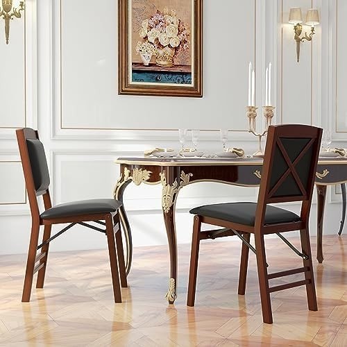 2 - Pack Folding Counter Chairs PVC Leather Padded Backrest Brown+Black - Kwikley