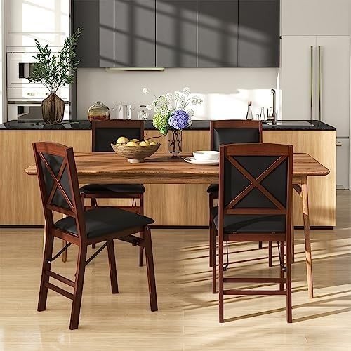 2 - Pack Folding Counter Chairs PVC Leather Padded Backrest Brown+Black - Kwikley
