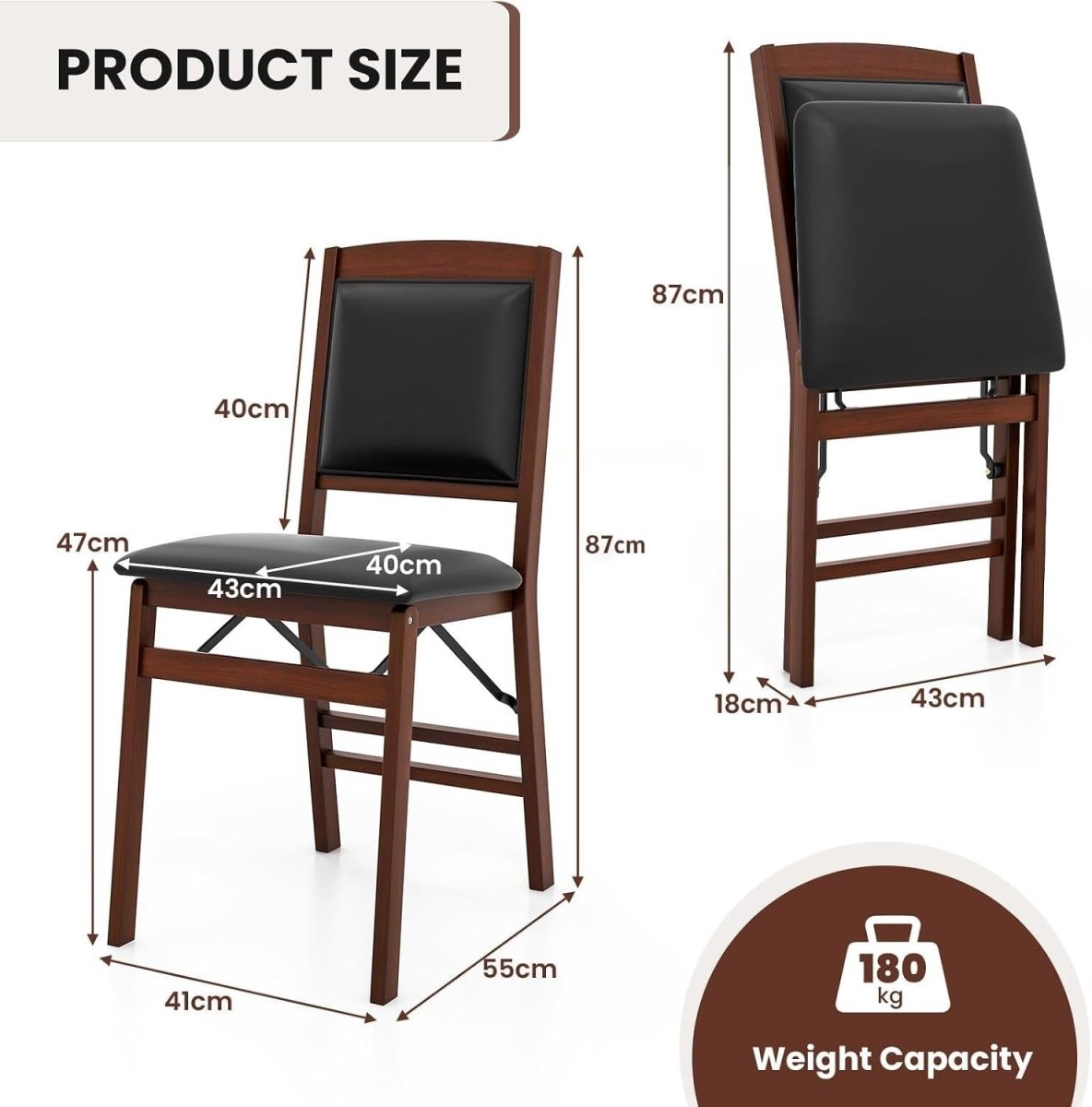 2 - Pack Folding Counter Chairs PVC Leather Padded Backrest Brown+Black - Kwikley