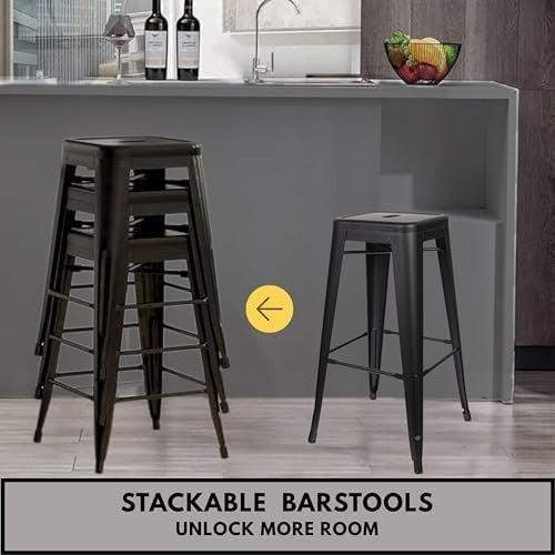 2 - Pack Metal Bar Stools Stackable Footrest Counter Height Matt Black - Kwikley