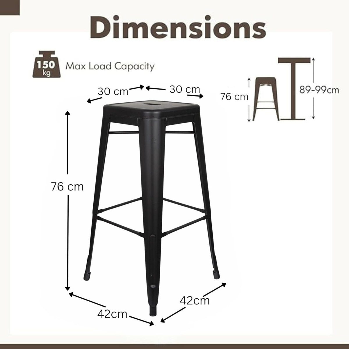 2 - Pack Metal Bar Stools Stackable Footrest Counter Height Matt Black - Kwikley