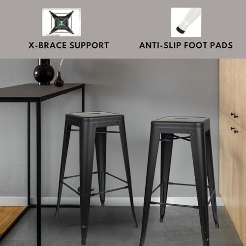 2 - Pack Metal Bar Stools Stackable Footrest Counter Height Matt Black - Kwikley