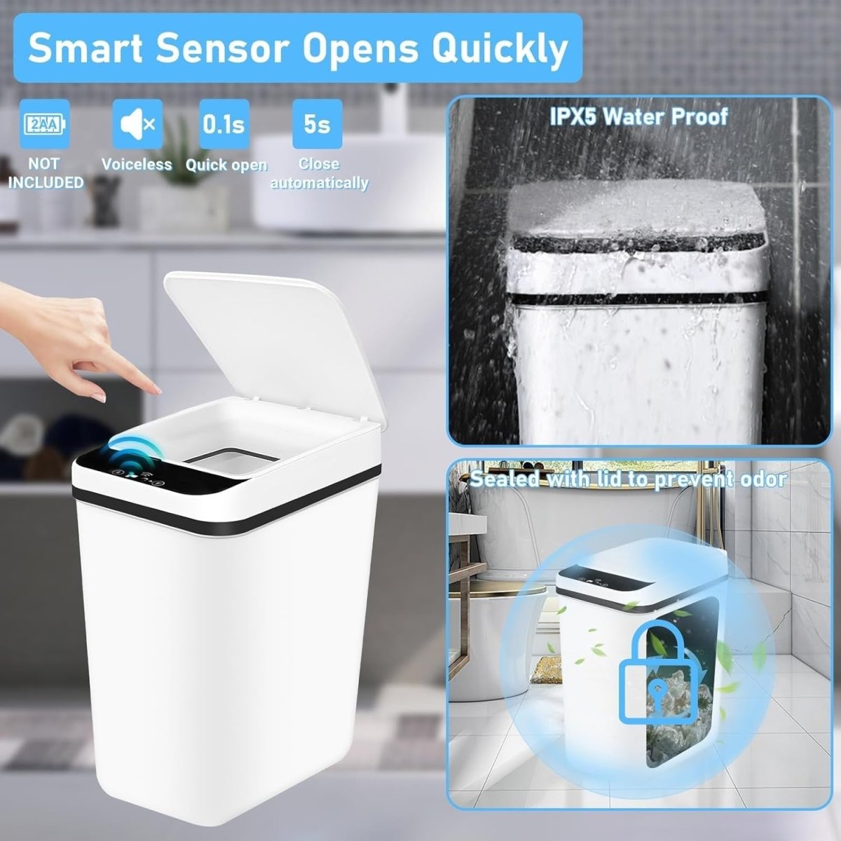 2 Pack Touchless Motion Sensor Bins 12L & 18L Slim Waterproof - Kwikley