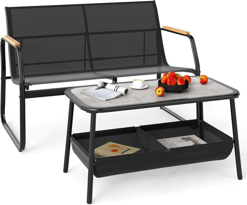 2 Piece Garden Furniture Set Loveseat Bench Coffee Table Patio Set - Kwikley