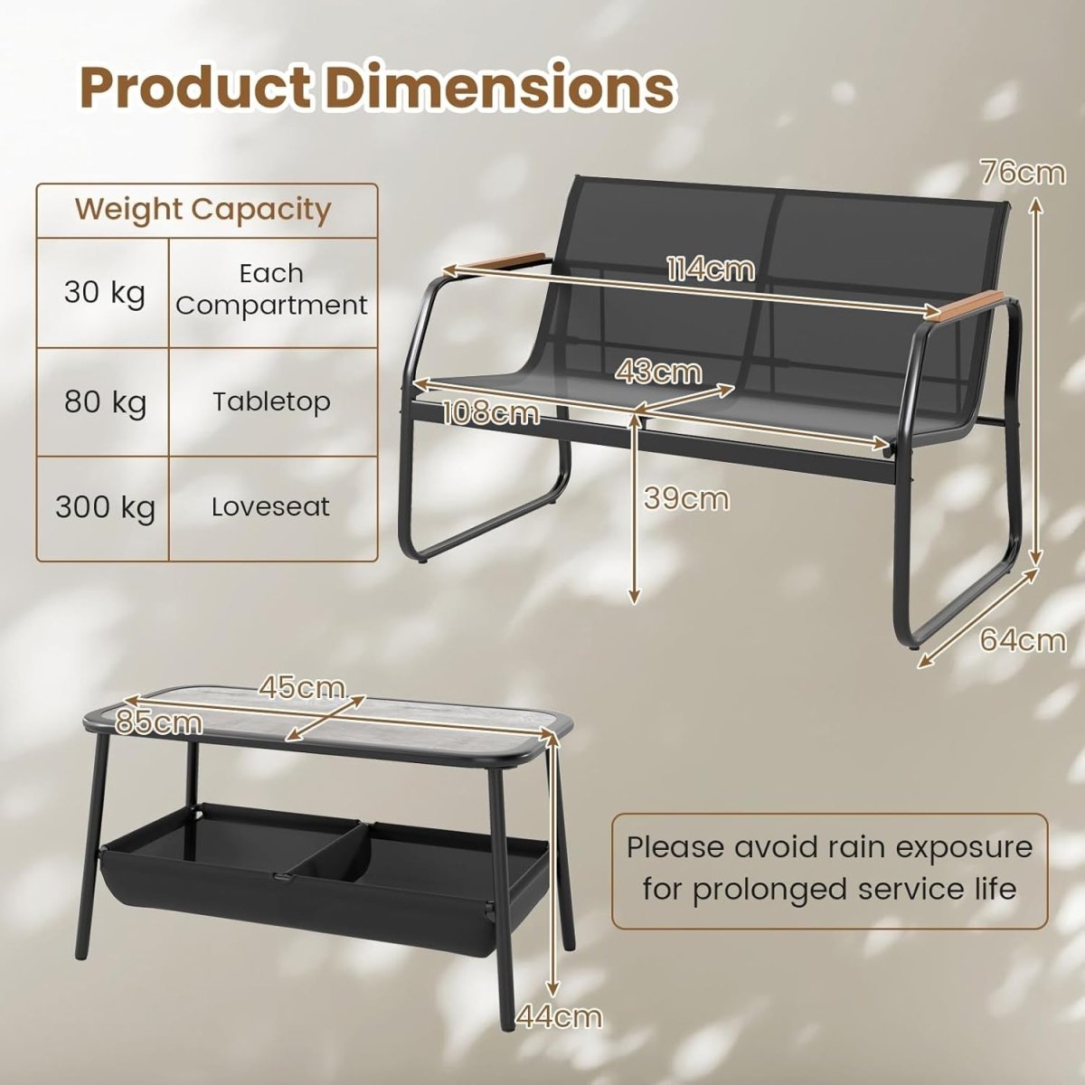 2 Piece Garden Furniture Set Loveseat Bench Coffee Table Patio Set - Kwikley