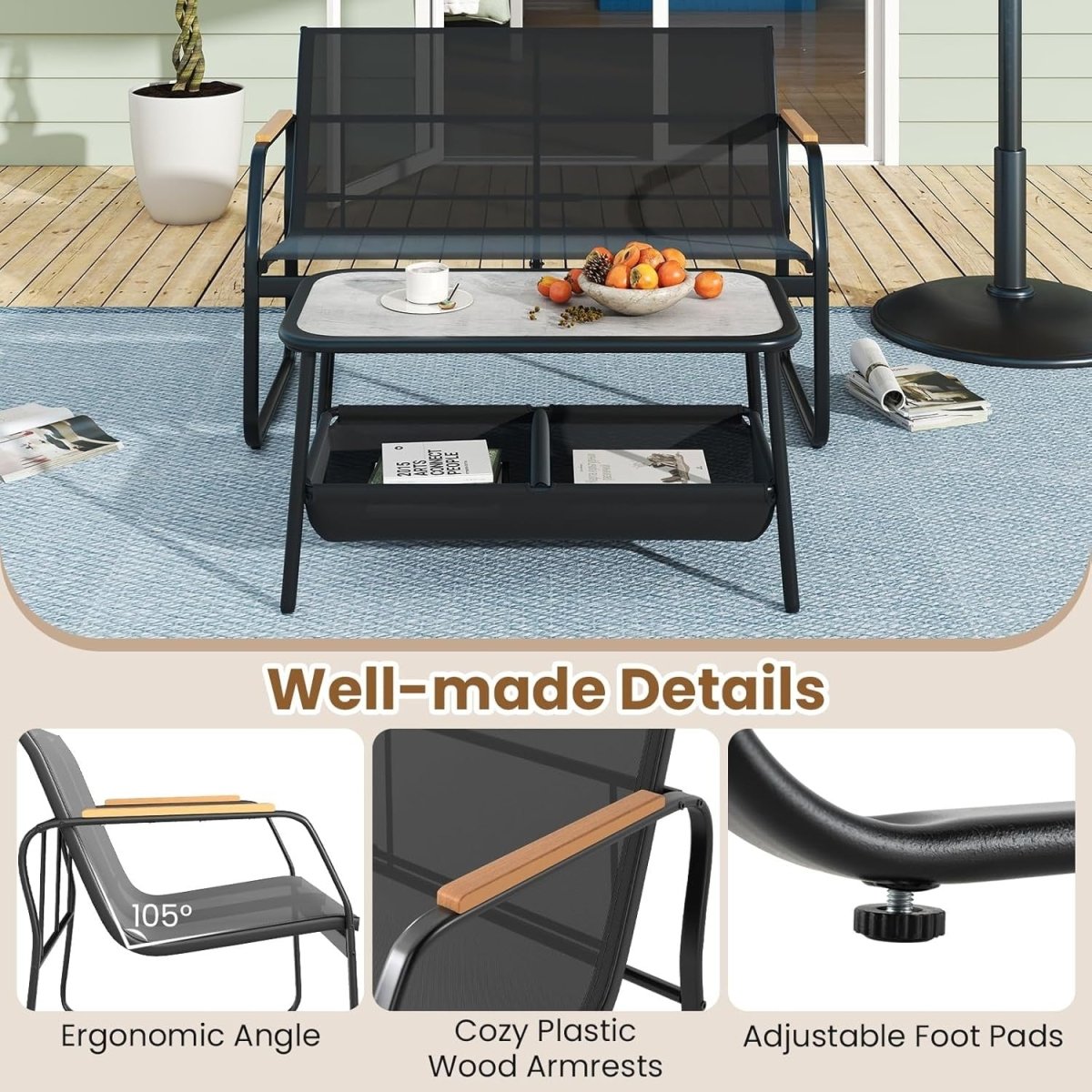 2 Piece Garden Furniture Set Loveseat Bench Coffee Table Patio Set - Kwikley