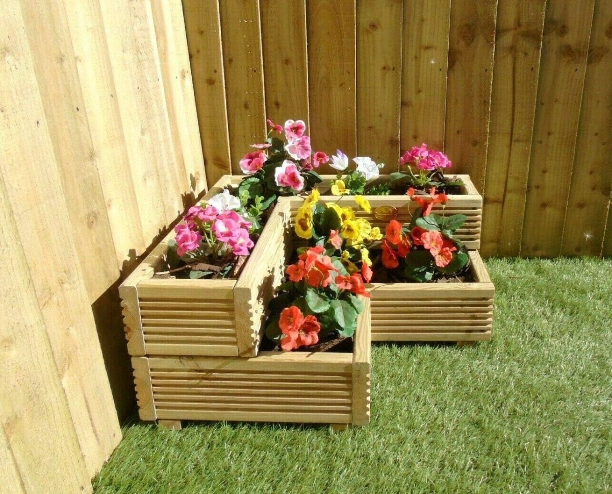 2 Tier Corner Wooden Planter Left Garden Decking Herb Flower - Kwikley