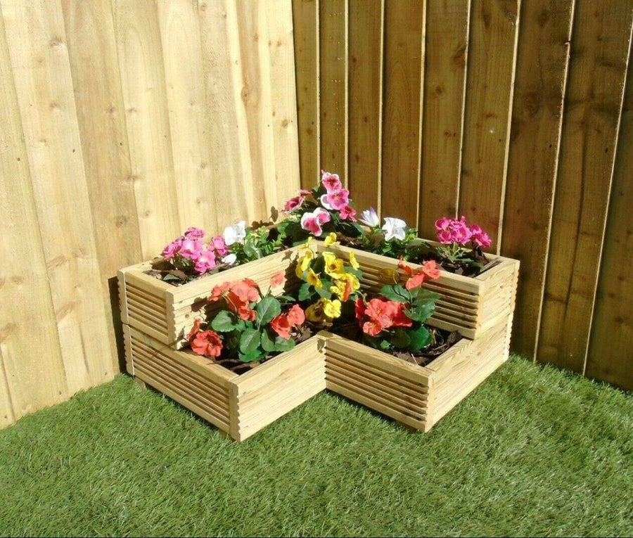 2 Tier Corner Wooden Planter Left Garden Decking Herb Flower - Kwikley