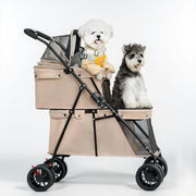 2 Tier Dog Stroller Double Deck Pet Pushchair Foldable Mesh Brown - Kwikley