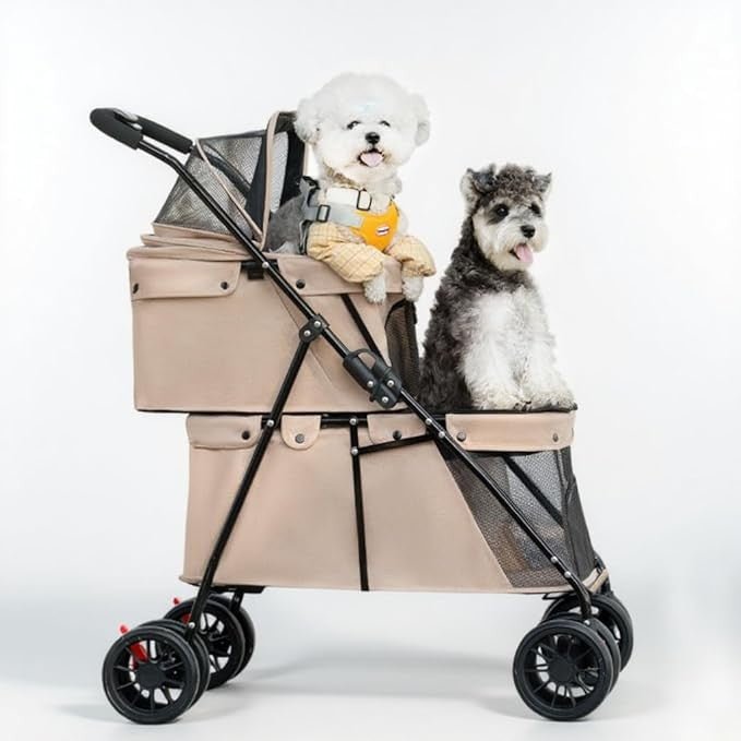 2 Tier Dog Stroller Double Deck Pet Pushchair Foldable Mesh Brown - Kwikley