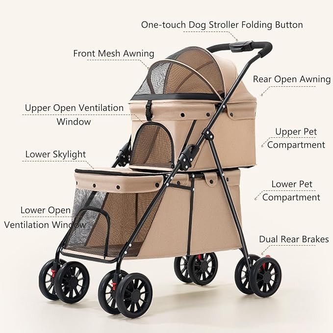 2 Tier Dog Stroller Double Deck Pet Pushchair Foldable Mesh Brown - Kwikley