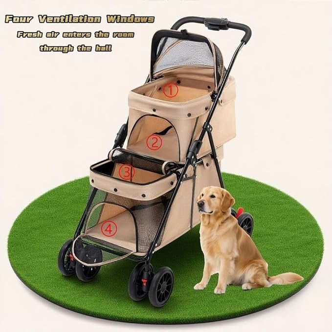 2 Tier Dog Stroller Double Deck Pet Pushchair Foldable Mesh Brown - Kwikley