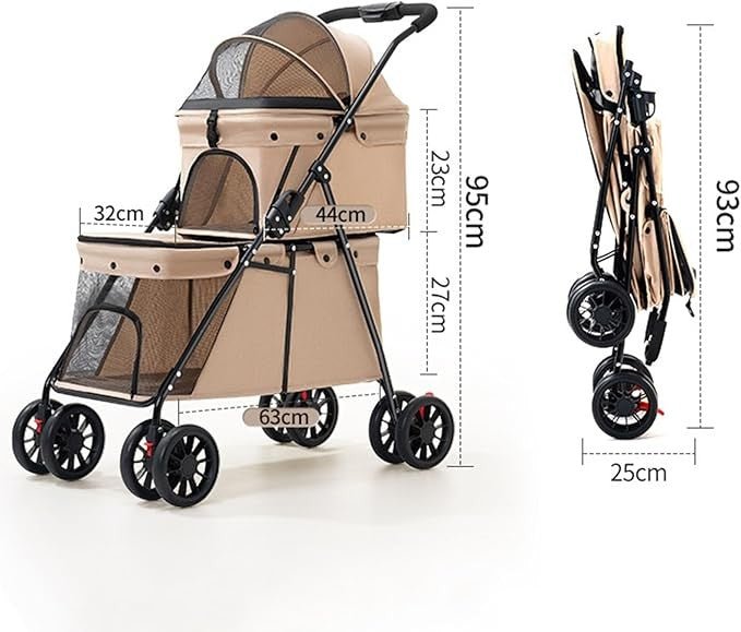 2 Tier Dog Stroller Double Deck Pet Pushchair Foldable Mesh Brown - Kwikley