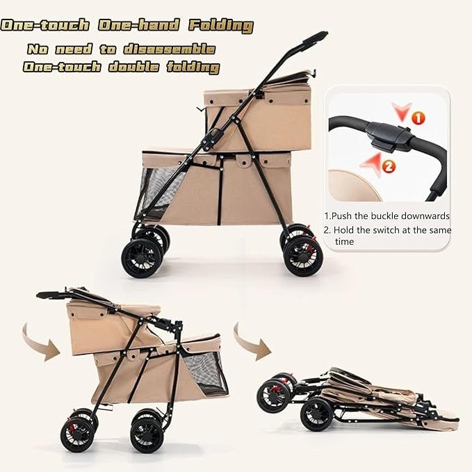 2 Tier Dog Stroller Double Deck Pet Pushchair Foldable Mesh Brown - Kwikley