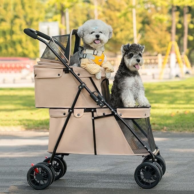 2 Tier Dog Stroller Double Deck Pet Pushchair Foldable Mesh Brown - Kwikley