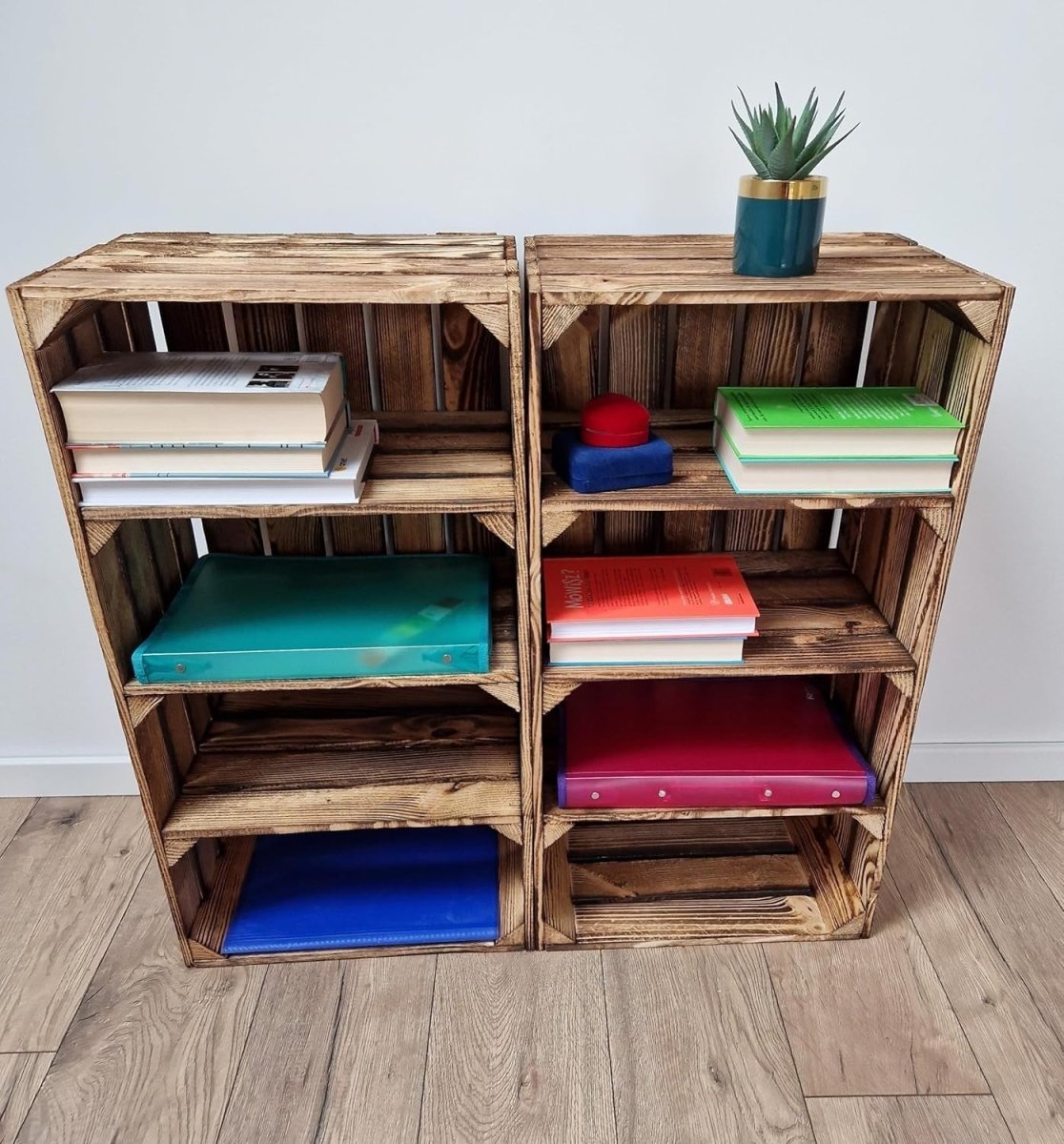 2 x Painted Wooden Crates with 3 - Tier Barrister Shelves 40x30x75cm - Kwikley