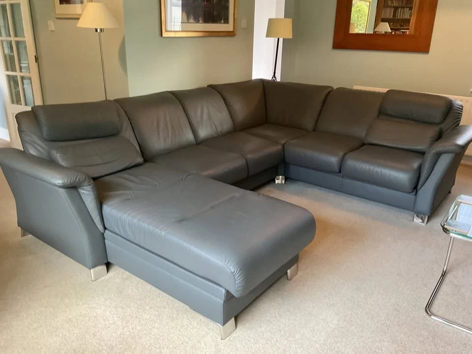 Sectional Grey Stressless Large Leather Corner Sofa (PTP)