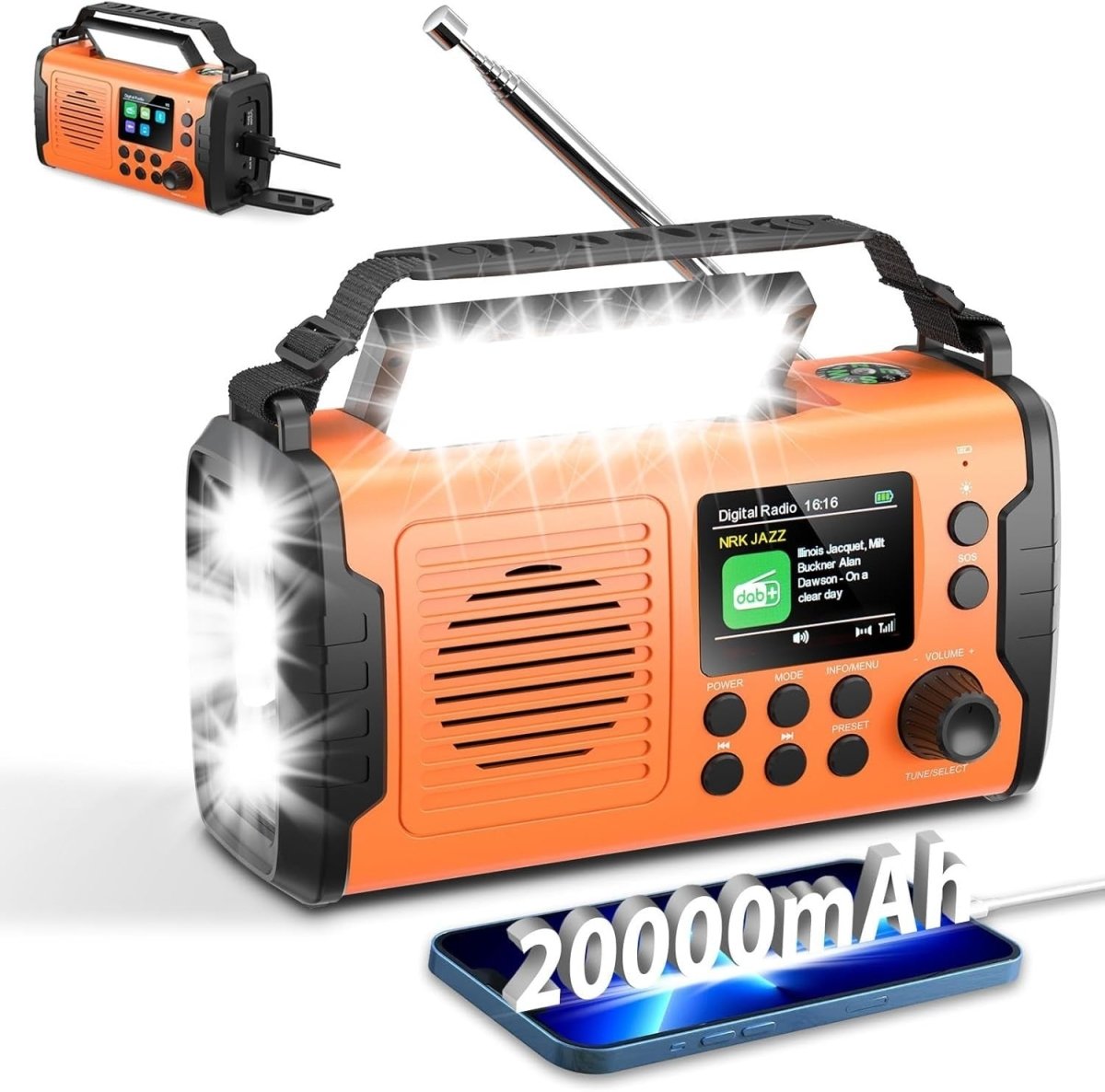 20000mAh Emergency DAB FM Radio Solar Hand Crank Bluetooth & Flashlight - Kwikley
