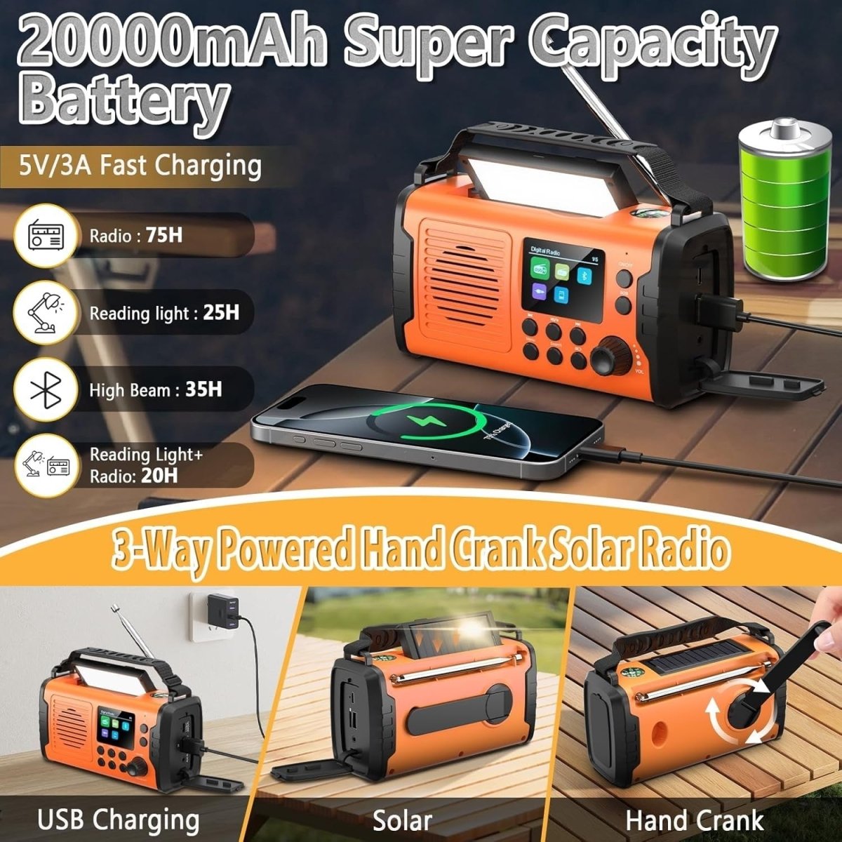 20000mAh Emergency DAB FM Radio Solar Hand Crank Bluetooth & Flashlight - Kwikley