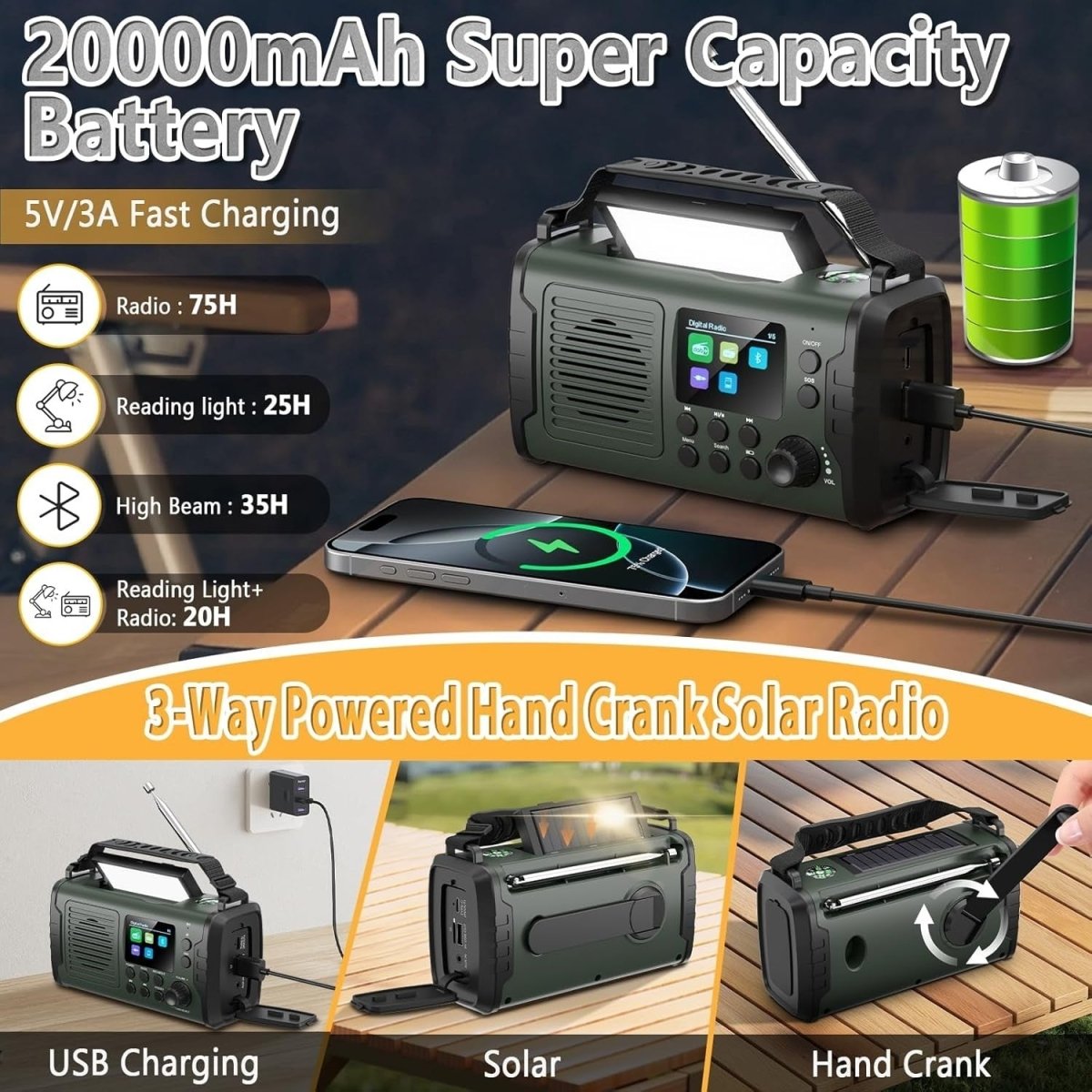 20000mAh Emergency DAB FM Radio Solar Hand Crank Bluetooth & Torch - Kwikley