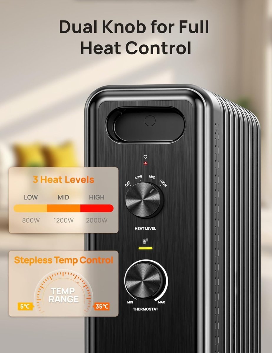 2000W Oil Filled Radiator Heater – Silent, Adjustable Thermostat, Safe & Portabl - Kwikley